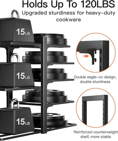 ORDORA Pots and Pans Organizer Rack for Cabinet, 15.83" Height 8-Tier Heavy Duty 120LBS Pot Pan Organizer under Cabinet Adjustable for Dutch Oven, Cast-iron Pan, Heavy Skillets Griddles, Shallow Pot