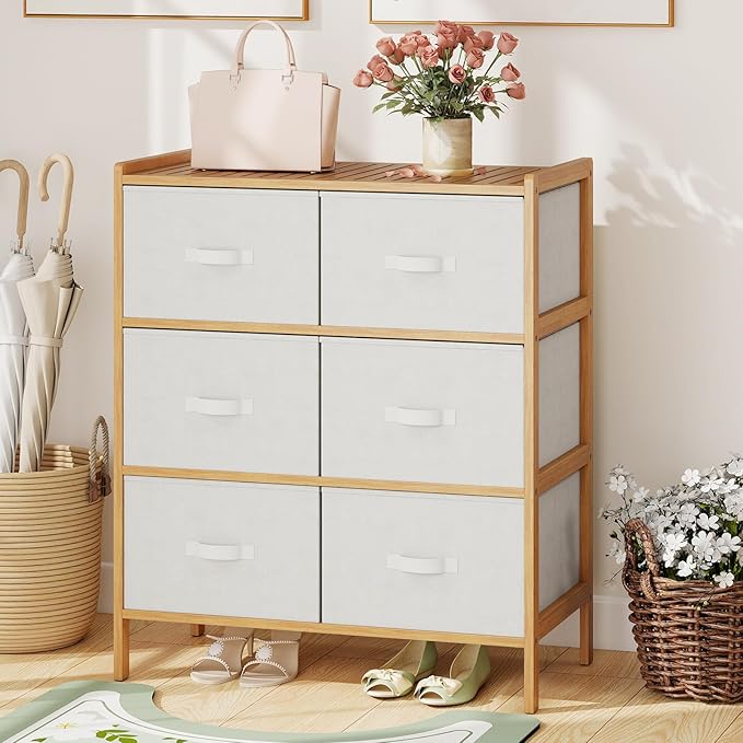 Giantex 6-Drawer Dresser for Bedroom, Bamboo Storage Tower with 6 Foldable Fabric Drawers & Top Shelf, Modern Chest of Drawers, Vertical Organizer Unit for Closet, Living Room (14" D x 26" W x 31" H)
