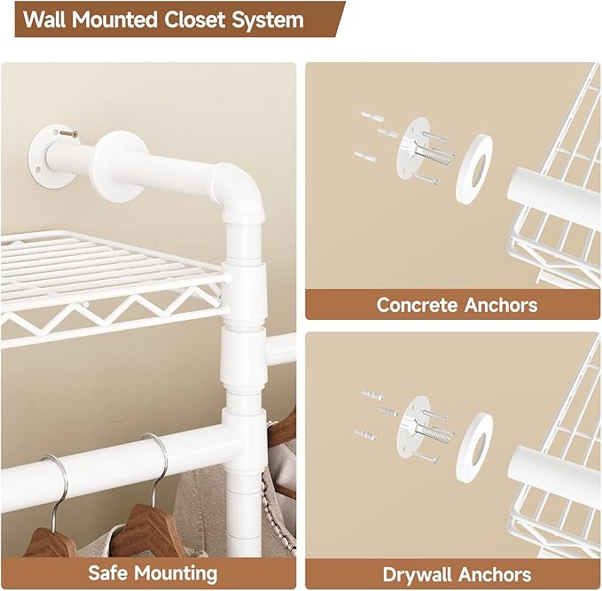 P3 Industrial Pipe Closet System, Wall Mounted Garment Racks with 4 Telescopic Rods & 6 Mesh Shelves, Heavy Duty Clothing Clothes Rack for Walk-in Closets (White)
