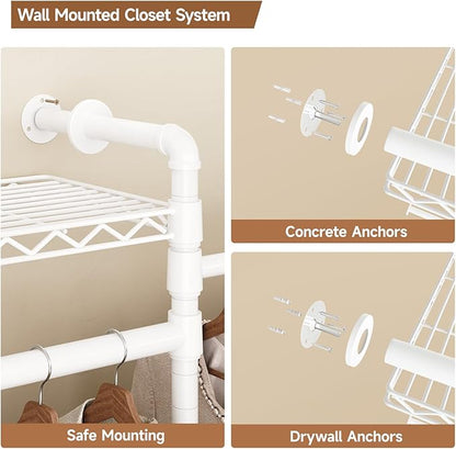 P3 Industrial Pipe Closet System, Wall Mounted Garment Racks with 4 Telescopic Rods & 6 Mesh Shelves, Heavy Duty Clothing Clothes Rack for Walk-in Closets (White)