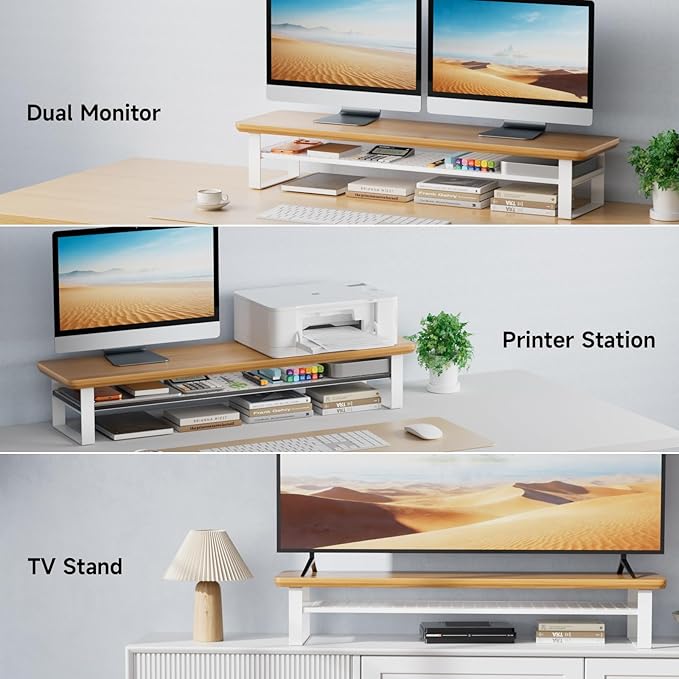 Dual Monitor Stand, 35.4 Inch Monitor Stand Riser for 2 Monitors, 2 Tiers Wood Desk Shelf with Storage, Desktop Organizer Stand for Computer, Laptop, Printer, TV (Cherry Wood, 35.4in)