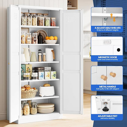 MIIIKO Metal Pantry Cabinet, Utility Storage Cabinets with 2 Doors and 5 Shelves, Versatile Freestanding Tall Cupboard for Kitchen, Bedroom, Laundry Room and Office, 71" H x 15.7" D x 31.5" W