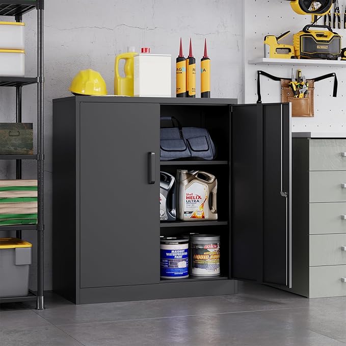 MIIIKO Metal Storage Cabinet with Locking Doors, 2-Door Storage Locker with 2 Shelves, Black Metal Cabinet with Lock for Home Office, Garage, Utility Room, Kitchen and School