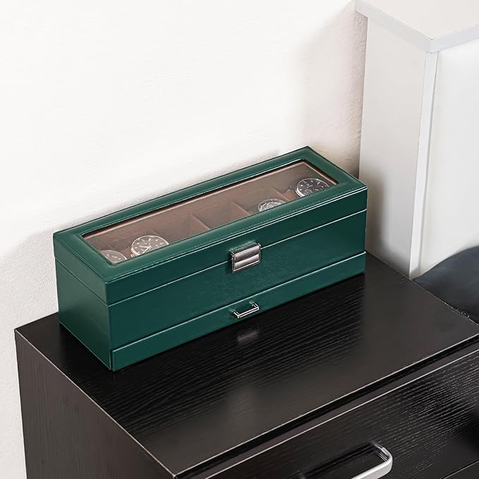 ProCase Watch Box, 6 Slot Watches Display Case with Drawer, Mens Watch Case with Glass Lid, 2-Layer Mens Jewelry Organizer Storage Holder, Birthday Valentine Gifts for Men -6 Slot, MidnightGreen