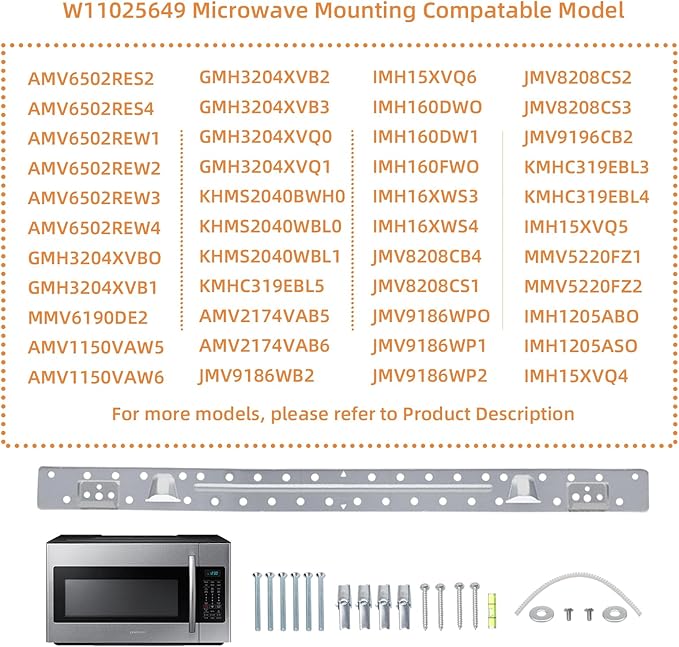W11025649 Microwave Mounting Bracket Kit Compatible with Whirlpool Microwave Wall Mount Plate with Hardware Screws Bolts Kit Replace 4545957,AP6245752,PS12074431,W10440498,W10245177