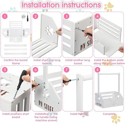 Chunful Dog Closet Wooden Pet Wardrobe Closet Dog Toy Storage Bin with Handle Pet Clothes Rack for Cat Organization and Storage Accessories, 19" x 13" x 9" (White)
