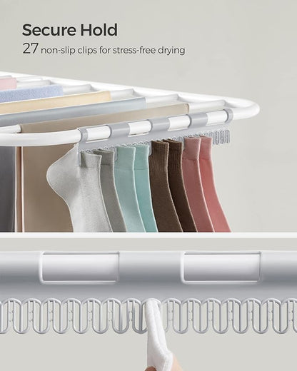 SONGMICS Clothes Drying Rack, Foldable 2-Level Laundry Drying Rack, Free-Standing Laundry Airer, with Height-Adjustable Wings, 33 Drying Rails, Sock Clips, White and Gray ULLR053G01V1