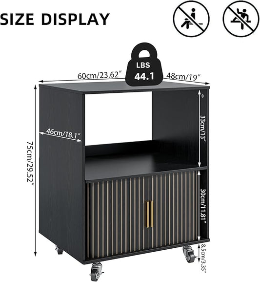 Printer Stand with Storage, File Cabinets with Sliding Doors, Rolling Printer Cart Under Desk with Open Storage Shelf for Home Office, Workspace (Black, 23.62" L)