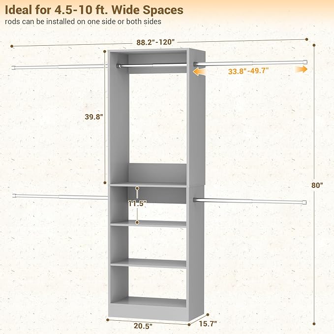 Homieasy Closet Organizer System, 4.5-10ft Modular Wooden Storage with 5 Hanging Rods & Shelving Tower, Adjustable for Walk-in Reach-in Bedroom Closets, Gray