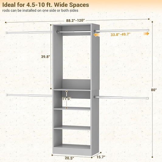 Homieasy Closet Organizer System, 4.5-10ft Modular Wooden Storage with 5 Hanging Rods & Shelving Tower, Adjustable for Walk-in Reach-in Bedroom Closets, Gray