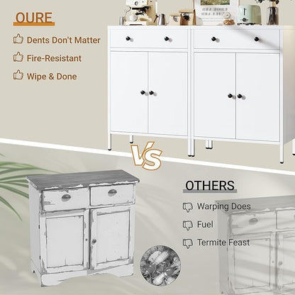 Metal Storage Cabinet with Drawer and Adjustable Shelf, White Steel Sideboard Buffet Cabinet, 35.4" H Coffee Bar Cabinet for Kitchen, Dining Room, Entryway