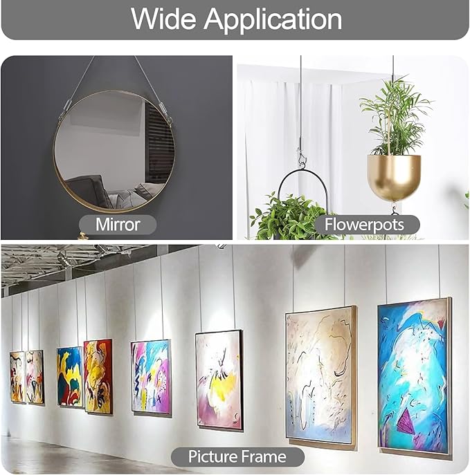 Adjustable Picture Hanging Wire, Upgrade Mirror Frame Hanging Kit, 6.6FT Heavy Duty Stainless Steel Wire Rope, Supports Up to 100lbs (Silver, 4PC-6.6FT)