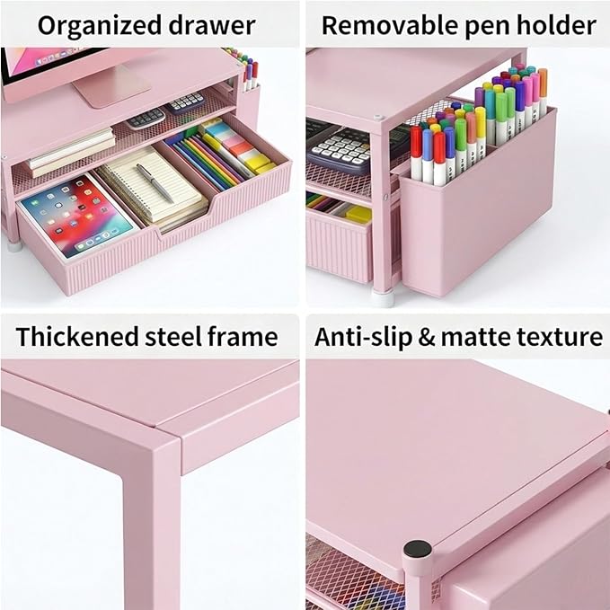 Desk Organizer and Accessories, 2-Tier Computer Monitor Stand Rise with Storage Drawer & 2 Pen Holders, Laptop & Printer Stand for Desktop, Workspace Organizers for Office Supplies (Pink)