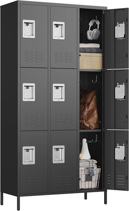 Letaya Metal Lockers for Employees-9 Door Storage Locker with Shelves and Lockable Steel Cabinet for School,Gym,Office,Staff(Black, 9 Door)