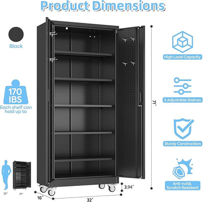 Lockable Garage Storage Cabinet with Wheels and Pegboard, 71" H Black Metal Storage Cabinet with 5 Adjustable Shelves and 4 Hooks for Garage, Home, Assembly Required, Black