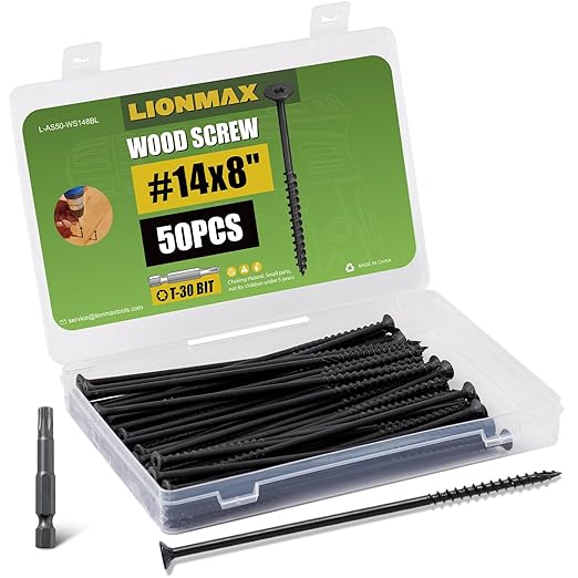 LIONMAX Deck Screws #14 x 8 Inch, 50 PCS, Black Long Wood Screw, Rust Resistant, Exterior Epoxy Coated for Outdoor Decking, Torx/Star Drive Head, T30 Star Bit Included