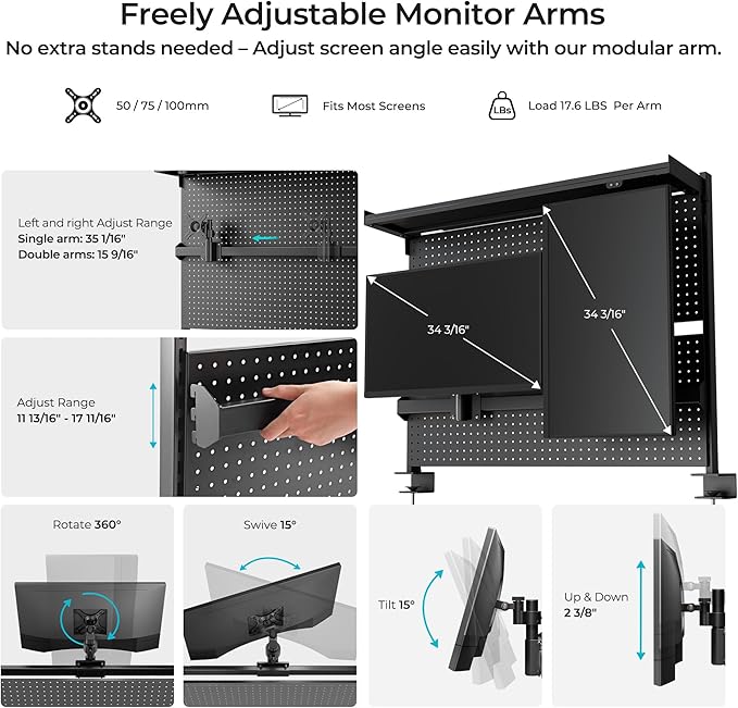 EUREKA ERGONOMIC Metal Pegboard, 43x34inch Clam on Desk Pegboard with Dual Monitor Stand, Garage Pegboard with 4 Accessories, Desk Shelves for Tool organizer, Office, Gaming Desk, Workbench, Black