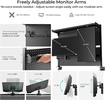 EUREKA ERGONOMIC Metal Pegboard, 43x34inch Clam on Desk Pegboard with Dual Monitor Stand, Garage Pegboard with 4 Accessories, Desk Shelves for Tool organizer, Office, Gaming Desk, Workbench, Black