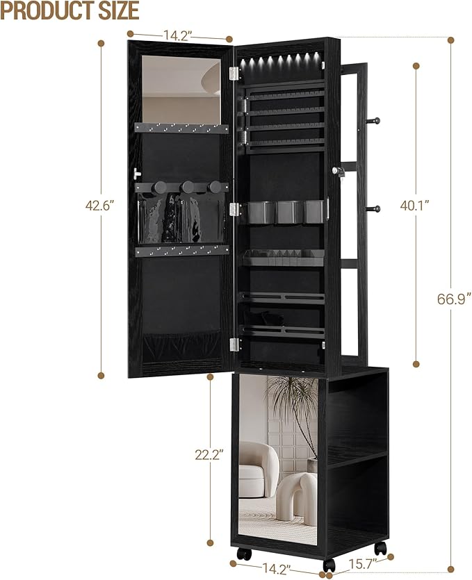 8 LEDs Jewelry Cabinet Armoire, 66.9-inch Jewelry Organizer with Garment Rack, Lockable Full-length Mirror with 4 Wheels, Storage Shelves with Hooks, 5-in-1, Black JC17004B