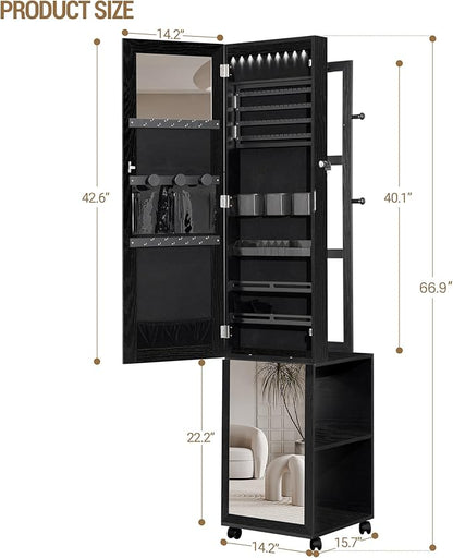 8 LEDs Jewelry Cabinet Armoire, 66.9-inch Jewelry Organizer with Garment Rack, Lockable Full-length Mirror with 4 Wheels, Storage Shelves with Hooks, 5-in-1, Black JC17004B