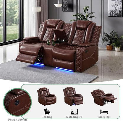 Power Recliner Sofa Set with Cup Holders, Living Room Furniture Sofa Sets, Brown Breathing Leather Reclining Loveseat with LED Light & Storage Console for Office & Dorms & Living Room