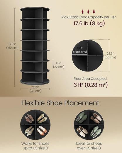 VASAGLE 7-Tier Rotating Shoe Rack Tower, Free Standing 360 Degree Spinning Shoe Organizer, Lazy Susan Bag Display Storage Rack, for Corners, Closets, Small Spaces, Black ULBS047BZ01
