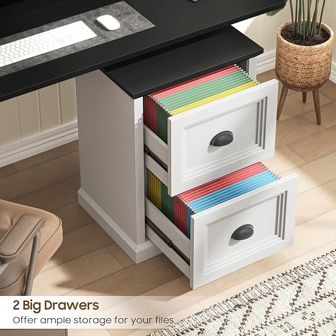 Vertical File Cabinet, Filing Cabinet with 2 File Drawers, Farmhouse Small File Cabinet Fits Letter/A4 Size, Wooden Printer Stand, Under Desk Cabinets for Home Office, White and Black