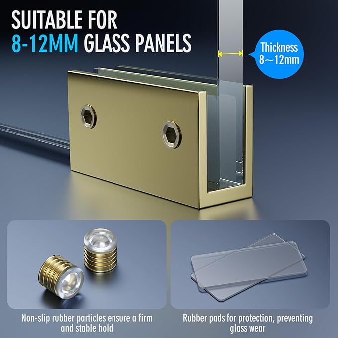 Ranbo 2 Pcs Frameless Glass Clamp Brackets for Shelf and Shower, Heavy Duty Wall Mount Rectangular Holders for 1/4" to 1/2" Panels, Matte Gold Finish Hardware