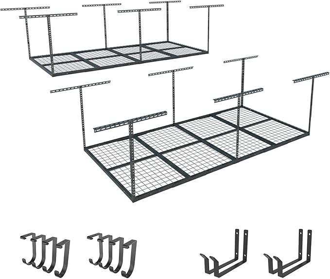 FLEXIMOUNTS 2-Piece Overhead Garage Storage Rack Set w/Hooks Adjustable Ceiling Storage Racks, 96" Length x 48" Width x 40" Height, 2 Sets, Black, Classic Series