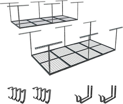 FLEXIMOUNTS 2-Piece Overhead Garage Storage Rack Set w/Hooks Adjustable Ceiling Storage Racks, 96" Length x 48" Width x 40" Height, 2 Sets, Black, Classic Series