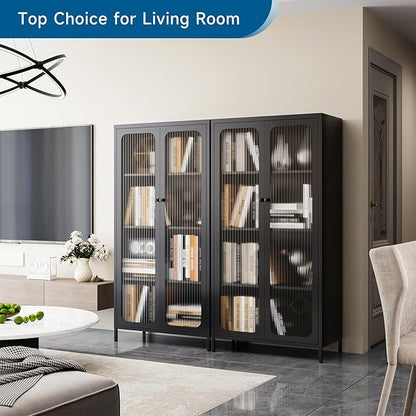 63'' Kitchen Pantry Storage Cabinet, Display Cabinet with Glass Doors and 3 Adjustable Shelves, Metal Kitchen Hutch Storage Cabinet for Dining Room, Living Room (Black)