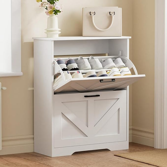 Farmhouse Shoe Cabinet for Entryway with Barn-Style Flip Drawers, Narrow Shoe Storage Organizer with Top Display Shelf, Adjustable Shelves, Shoe Rack for Hallway, Closet- (White, 24")