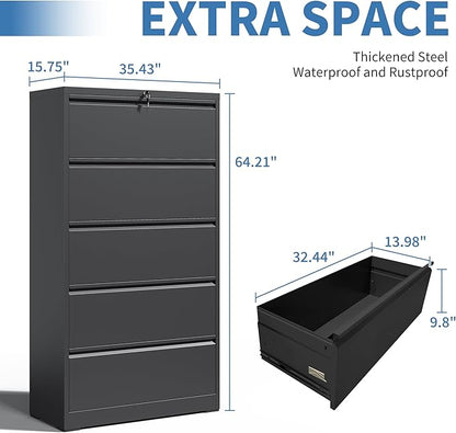 File Cabinets 5 Drawer,Metal Office Storage Filing Cabinet with Lock,White Lateral Filing Cabinet for Home Office,Horizontal Locking File Cabinet for Legal/Letter/A4,Assembly Require,Black