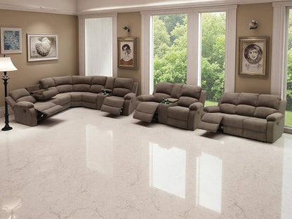 5PCS Brown Reclining Sectional Sofa Set with Storage Console, Living Room Furniture Sets, Corduroy Sectional Sofa Couch and Sofa Loveseat with 5 Recliner Seats, Drop-Down Table, Cup Holders