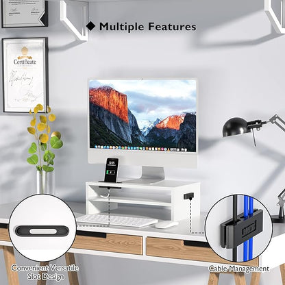 BONTEC Wooden Monitor Stand Riser, 2-Tier Desk Shelf with Storage Organizer, Ergonomic Computer Stand with Cable Management, Cellphone Holder, White, 16.5 Inch