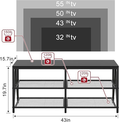 TV Stand for TVs up to 60 Inch, 43" Long Industrial TV Console Table with 3-Tier Storage Shelves, Entertainment Center for Living Room, Bedroom (Black)