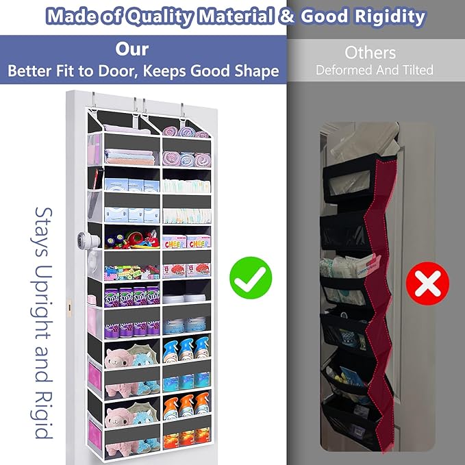 Heavy Duty Over The Door Organizer 6 Tiers, Extra Large Behind Door Storage of 12 Big Front & 12 Mesh Pockets, 80lb Weight Capacity, Hanging Doors Storage Organizer for Closet Bedroom Nursery, Grey