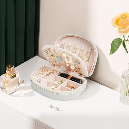 ProCase Travel Size Jewelry Box, Medium Portable Seashell-Shaped Jewelry Case, 2 Layer Mini Jewelry Organizer in PU Leather for Women -Silver