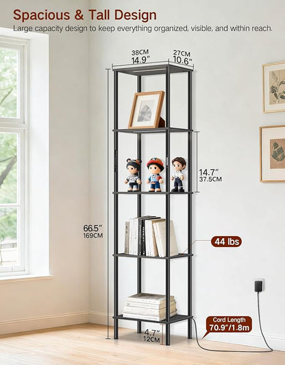 5 Tier Tall Display Shelves with LED Lights, Touch & Remote Control, Dimmable Display Cabinet, Open Bookshelf with 3 Color Temperature, Timer for Living Room, Bedroom, Home Decor(Black)