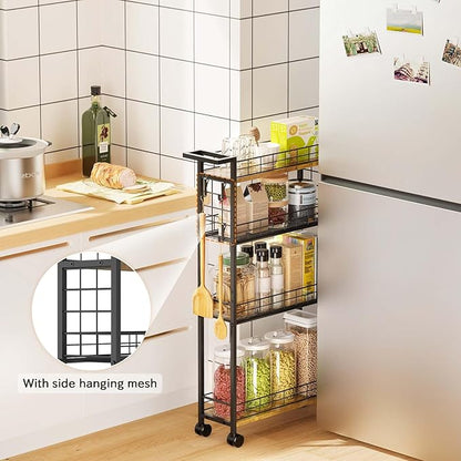 LASZOLA Slim Storage Cart with Wheels, 4 Tier Mobile Narrow Shelving Unit Organizer Utility Cart with Handle, Skinny Rolling Trolley for Small Space Kitchen Bathroom Laundry, Black and Rustic Brown