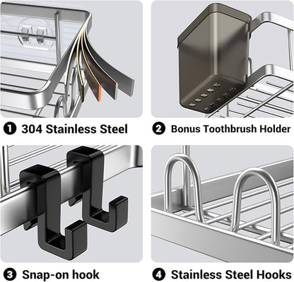 Corner Shower Caddy Shelf Rack: 2 Pack Adhesive Shower Organizer Essentials - No Drilling Stainless Steel Bathroom Storage Rack with Hooks and Toothpaste Holder