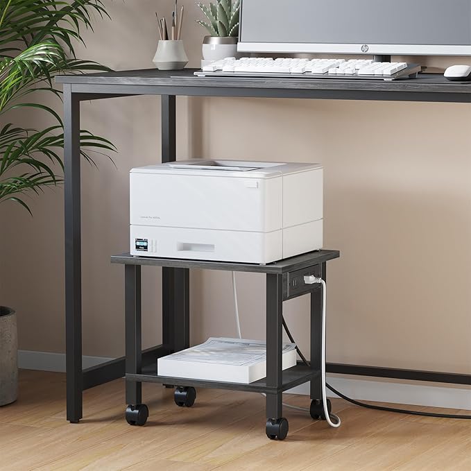 TUTOTAK 2 Tier Printer Stand, Rolling Printer Cart with Power Outlets and USB Ports, Mobile Printer Table with Wheels, for Under Desk, Office, Home, Charcoal Grey PS01BY001