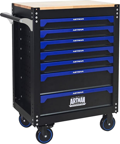 30 inch 7-Drawer Rolling Tool Chest with Wheels, Wood Countertop Heavy Duty Tool Cart, Locking System, Rolling Cabinet for Garage Warehouses, Repair Shops - Requires Assembly (Black&Blue)