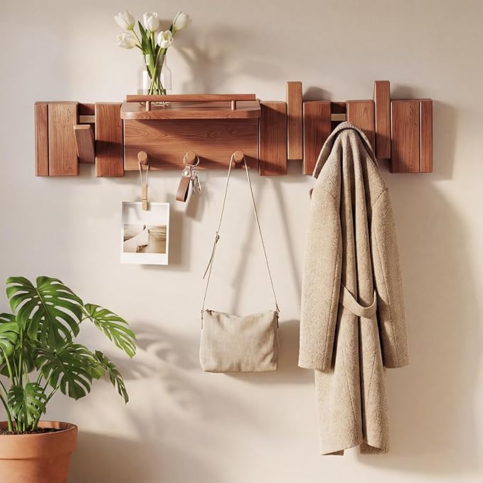 Mid Century Modern Walnut Foldable Entryway Wall Coat Hanger Hook with Shelf,Heavy Duty Wooden Piano Hidden Towel Hooks for Bathroom,Wall Rack for Purse&Key&Mail,Home Decor (Walnut, 7 Hooks)
