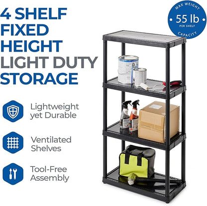 Gracious Living 4 Shelf Fixed Height Solid Light Duty Storage Unit 24 x 12 x 48" Organizer System for Home, Garage, Basement, and Laundry, Black