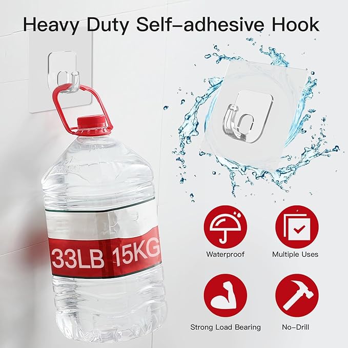 Large Adhesive Hooks, 33lb Heavy Duty Utility Hooks for Hanging, 20 Pack Damage Free Sticky Hanging, No Trace Self-Adhesive Wall for Kitchen Bathroom Office Multiple Uses