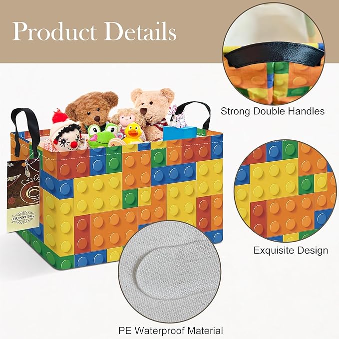 HUNRUNG Rectangle Storage Basket Cute Canvas Organizer Bin for Pet/Children Toys, Books, Clothes Perfect for Rooms(REC-Colorful Blocks)
