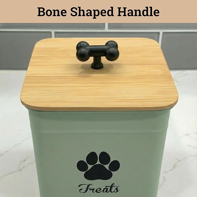 Dog Treat Container Airtight - 6 Inch Wide x 8 Inch Tall Iron Dog Treat Jar for Kitchen Counter with Airtight Bamboo Lid - 12 Cup Capacity Pet Treat Container - Doggie Cookie Jar - Big Treats Canister