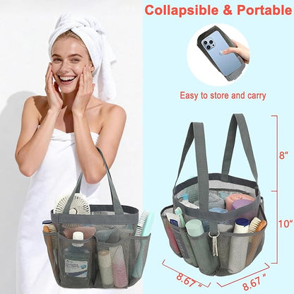 Mesh Shower Caddy Portable for College Dorm Room Essentials, 8-Pocket Large Shower Basket Tote Bag with 2 Handles for Toiletry, Bathroom, Beach, Camp, Gym