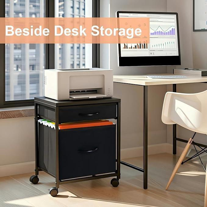 Rolling Mobile File Cabinet Cart with 2 Fabric Drawers A4 Letter Size Beside, Vertical Filing Cabinet on Lockable Wheels, Mobile Printer Stand Storage Under Desk for Home Office(Black)